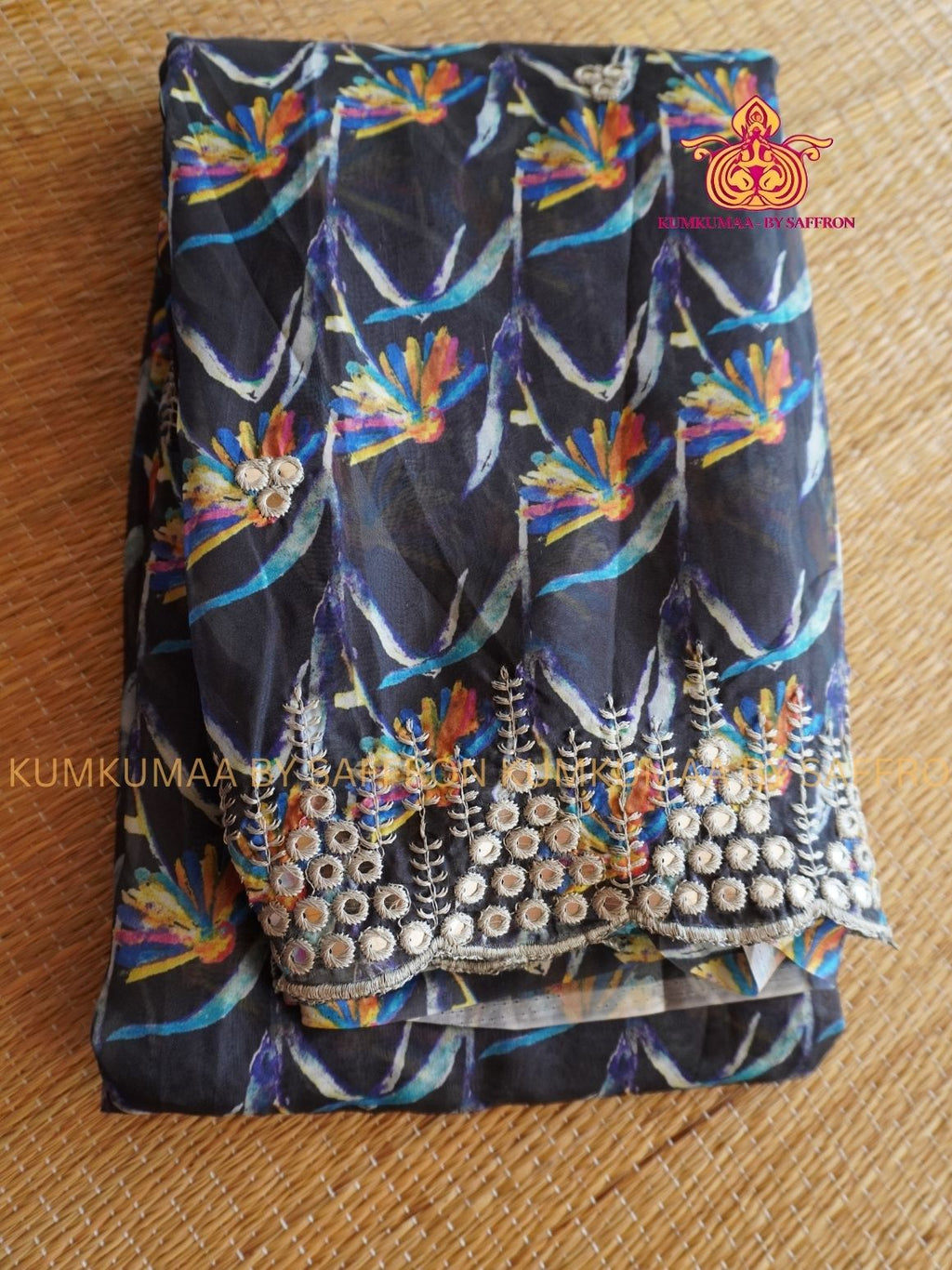 GEORGETTE- BLACK AND SILVER SAREE WITH MULTICOLOUR FLORAL DESIGN - PARTY WEAR - MIRROR WORK- EXCLUSIVE KUMKUMAA COLLECTION- FLOWY MATERIAL - CHIC AND GORGEOUS