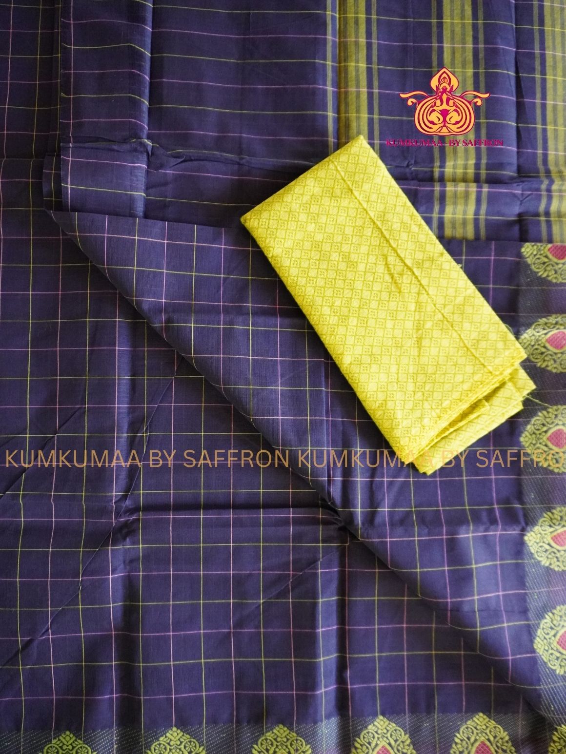 CHETTINAD COTTON -BLUE CHECKED SAREE WITH APPLE GREEN BORDER  - SOFT AND COMFORTABLE - Kumkumaa Exclusive COMFORT EVERYDAY SAREE