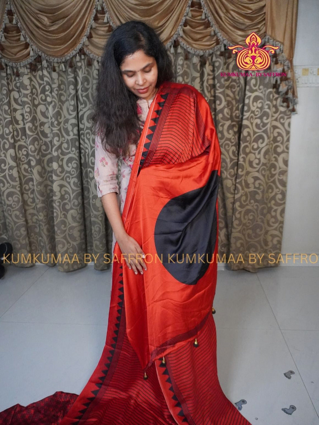 MODAL SILK - RED WITH BLACK- STRIPES DESIGN - TRENDY WEAR- LATEST COLLECTION - BUTTERY SOFT-KUMKUMAA BY SAFFRON - MODERN WEAR