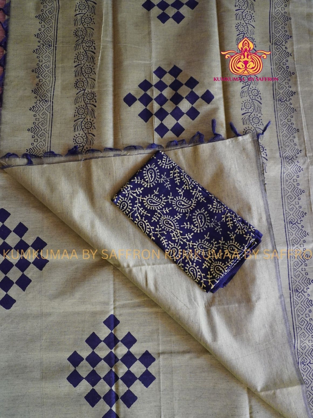 SOUTH COTTON-OLIVE GREEN- BLACK HAND BLOCK PRINTED SAREE WITH RUNNING BLOUSE PLUS ADDITIONAL BLOUSE PIECE-KUMKUMAA COMFORT WEAR SAREE