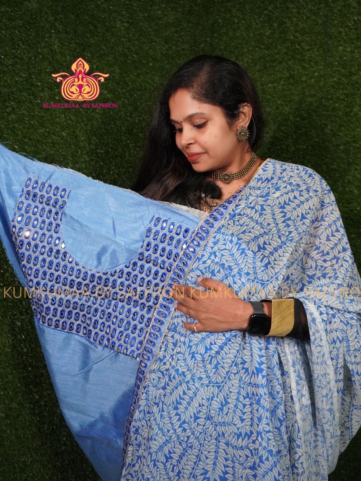 GEORGETTE- BLUE SAREE WITH FLORAL DESIGN - PARTY WEAR - MIRROR WORK- EXCLUSIVE KUMKUMAA COLLECTION- FLOWY MATERIAL - CHIC AND GORGEOUS