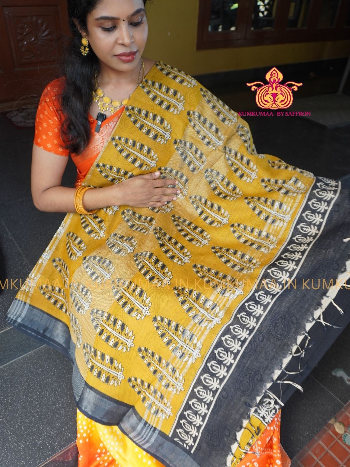 LINEN COTTON- BLACK WITH YELLOW FLORAL DESIGN PRINTED SAREE- Soft and comfortable everyday wear saree - WITH BLOUSE - Kumkumaa exclusive - Comfort wear Collection- Trendy and comfortable