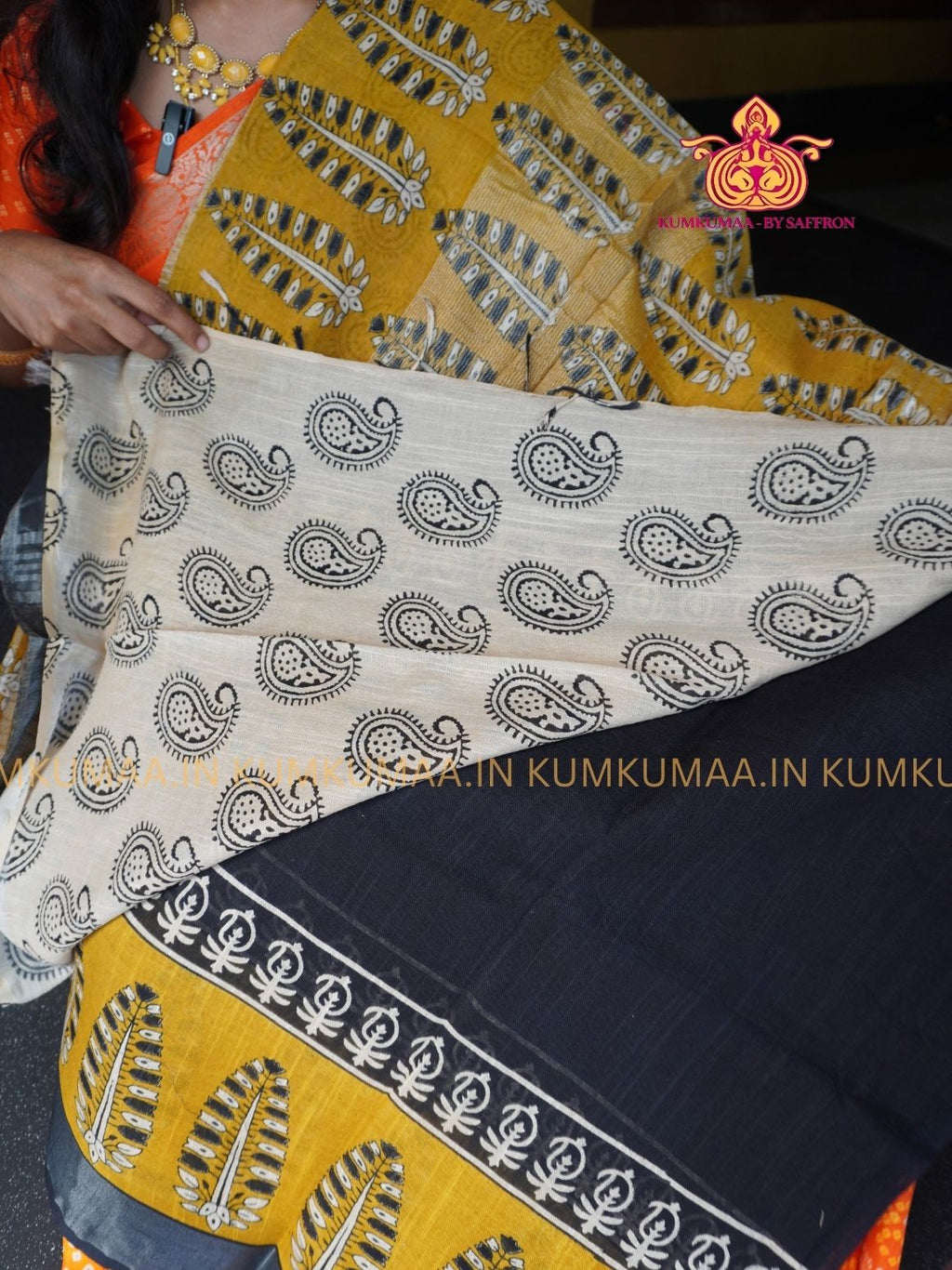 LINEN COTTON- BLACK WITH YELLOW FLORAL DESIGN PRINTED SAREE- Soft and comfortable everyday wear saree - WITH BLOUSE - Kumkumaa exclusive - Comfort wear Collection- Trendy and comfortable