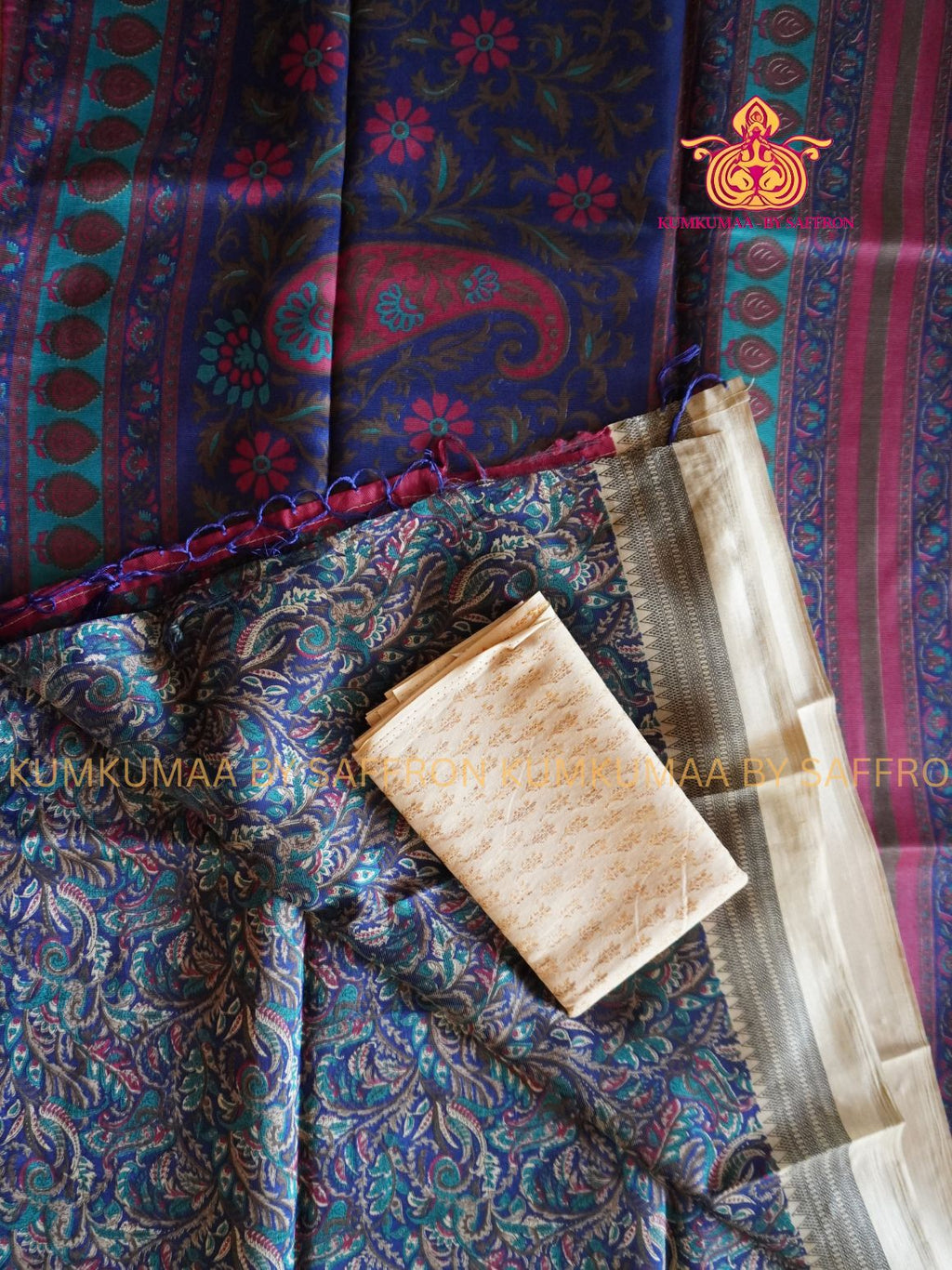 FANCY SAREE - BLUE WITH BEIGE - MANGO SELF DESIGN WITH FANCY BORDER- TRENDY WEAR SAREE- Beautiful saree for women - KUMKUMAA FANCY FOR ALL OCCASION