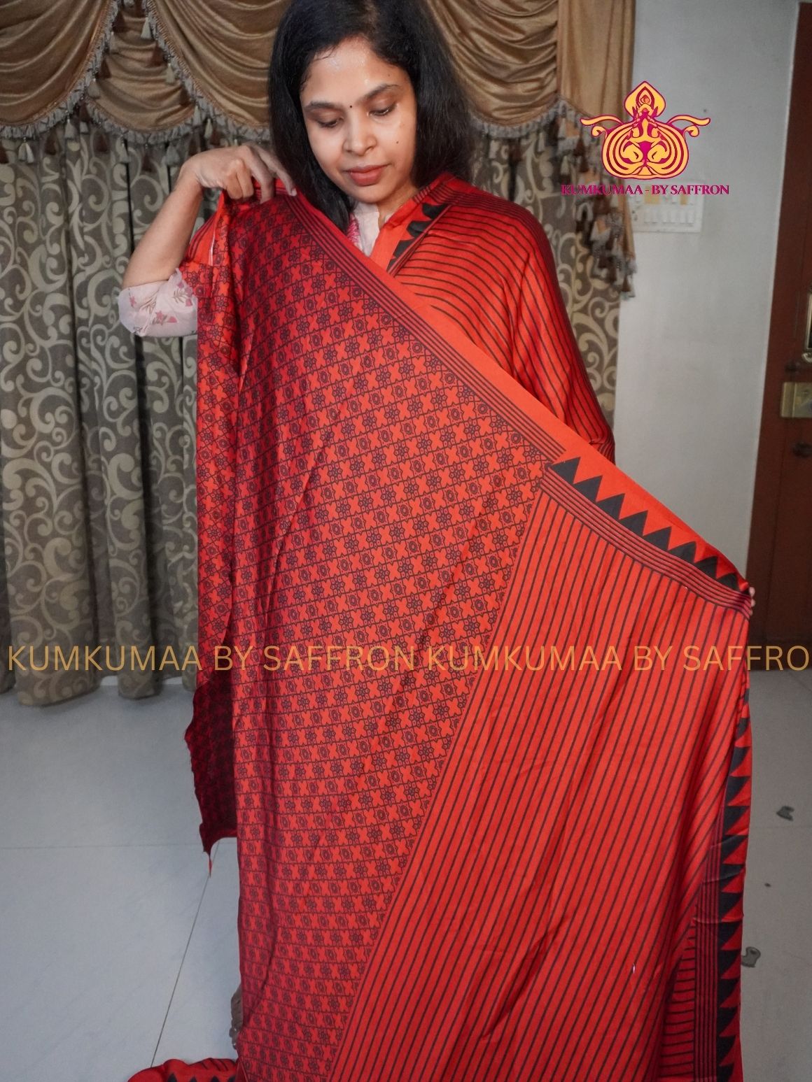 MODAL SILK - RED WITH BLACK- STRIPES DESIGN - TRENDY WEAR- LATEST COLLECTION - BUTTERY SOFT-KUMKUMAA BY SAFFRON - MODERN WEAR