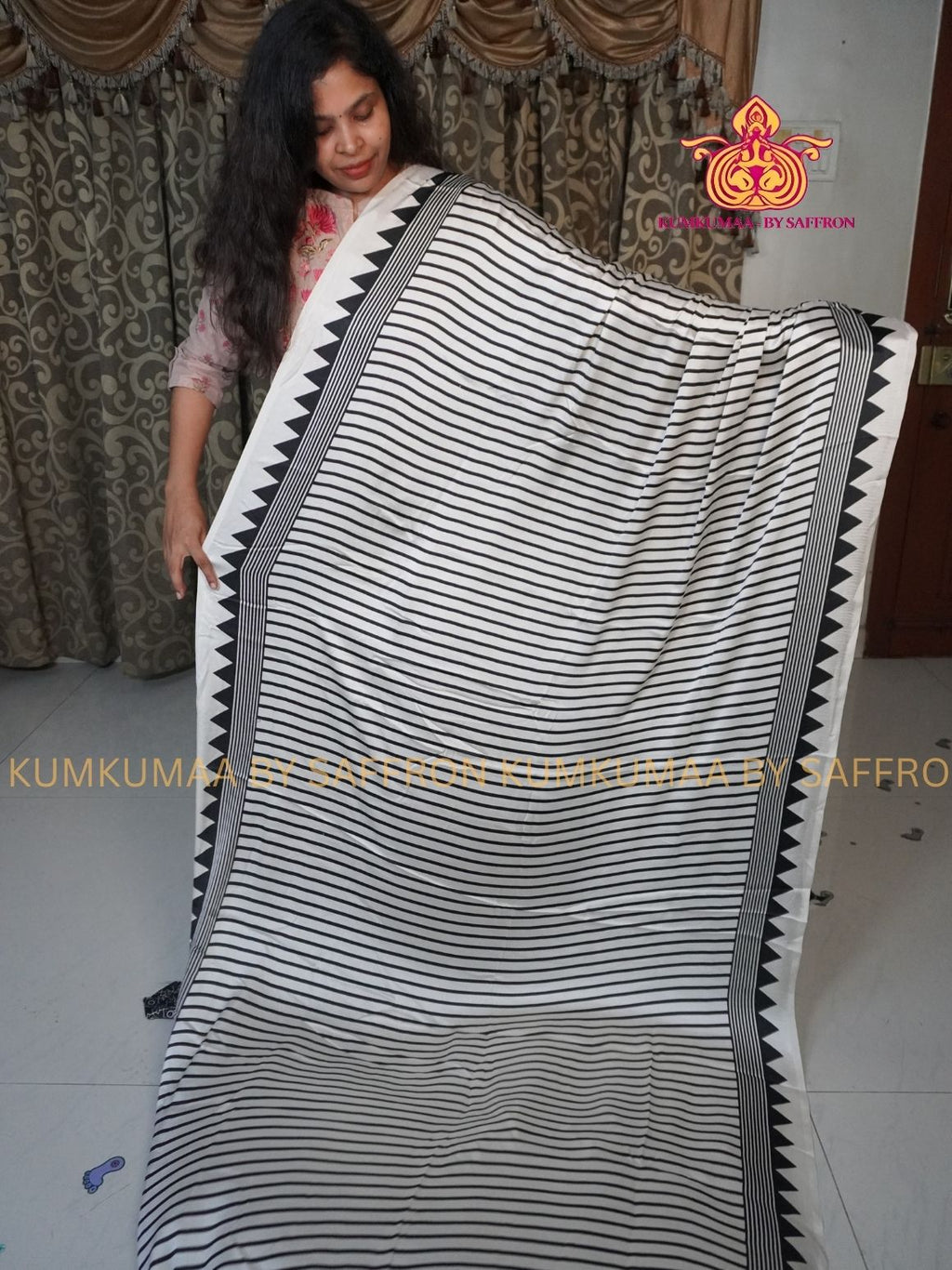MODAL SILK - WHITE WITH BLACK- STRIPES DESIGN - TRENDY WEAR- LATEST COLLECTION - BUTTERY SOFT-KUMKUMAA BY SAFFRON - MODERN WEAR