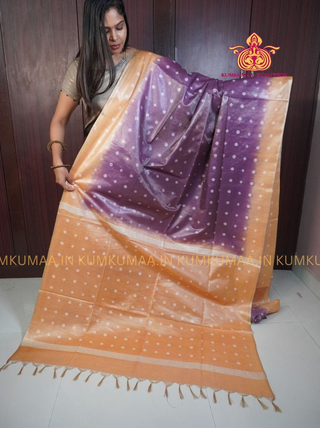 FANCY SAREE - ORANGE AND PURPLE - GOLD PRINTS ALL OVER- TRENDY WEAR SAREE- Beautiful saree for women - KUMKUMAA FANCY FOR ALL OCCASION