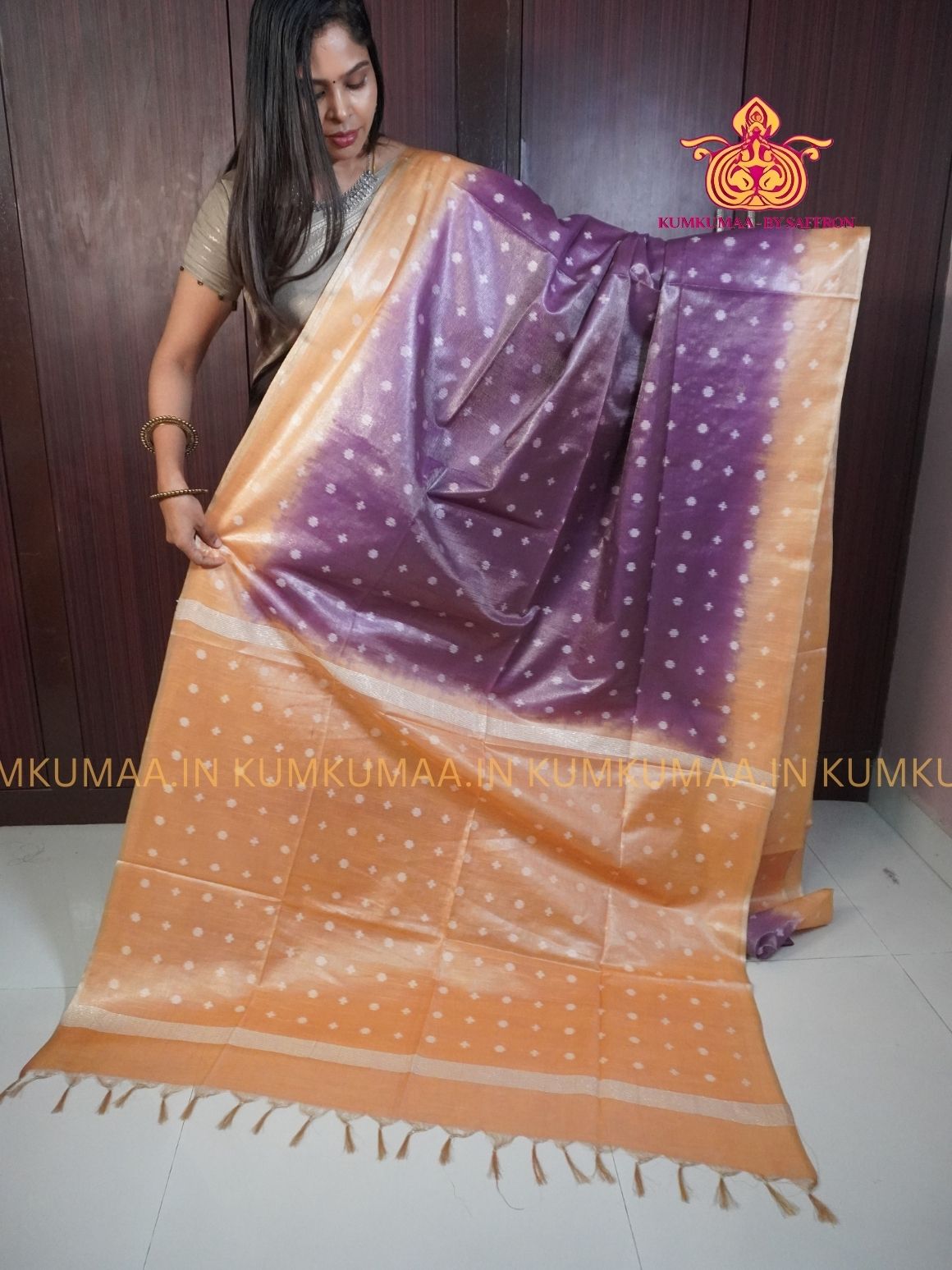 FANCY SAREE - ORANGE AND PURPLE - GOLD PRINTS ALL OVER- TRENDY WEAR SAREE- Beautiful saree for women - KUMKUMAA FANCY FOR ALL OCCASION