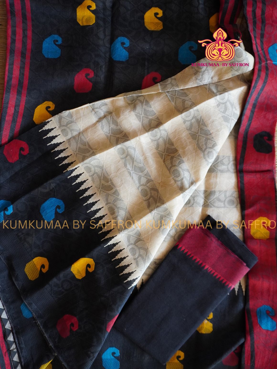 FANCY SAREE - RED WITH BEIGE AND BLACK- MANGO SELF DESIGN WITH FANCY BORDER- TRENDY WEAR SAREE- Beautiful saree for women - KUMKUMAA FANCY FOR ALL OCCASION