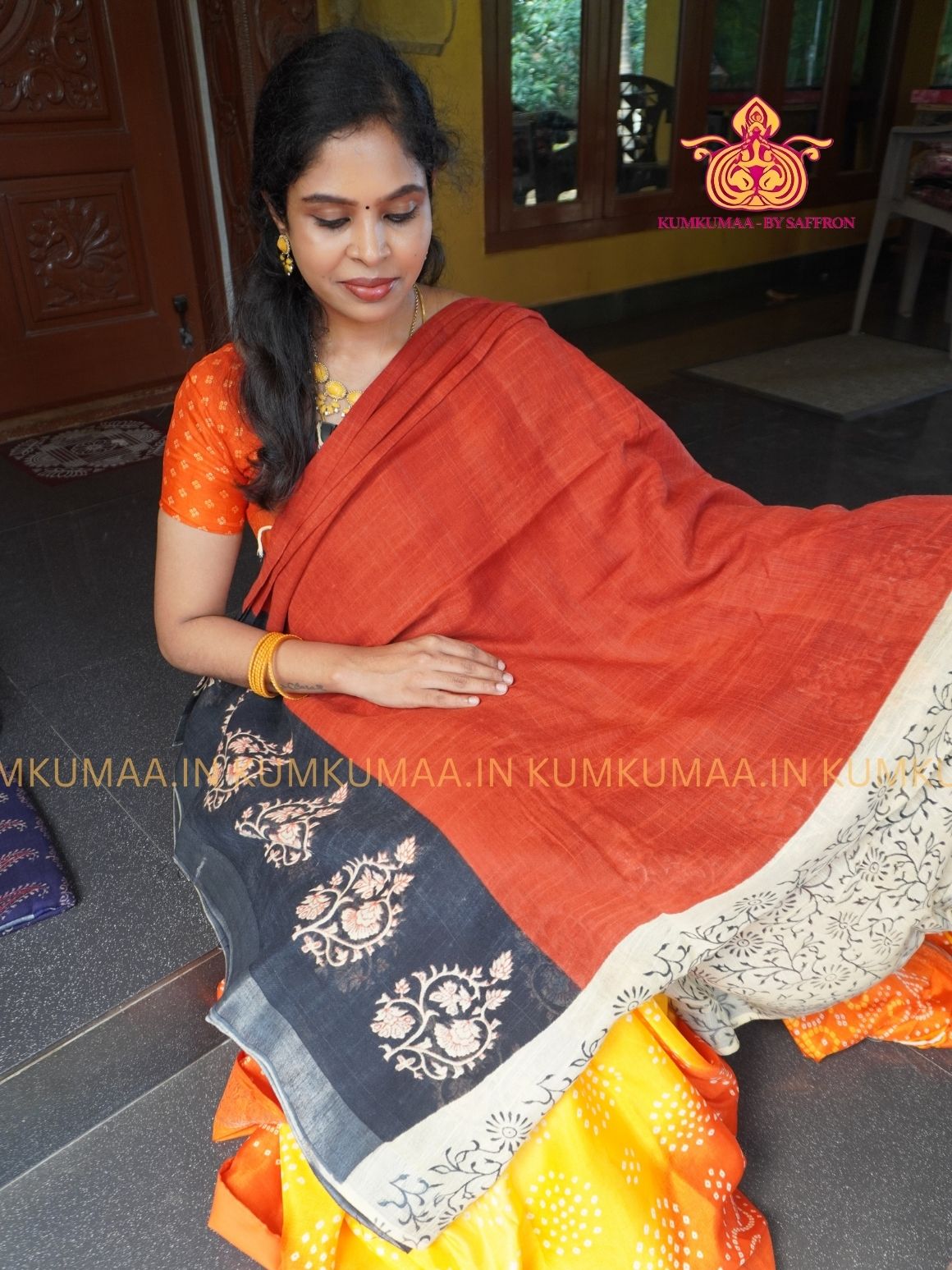LINEN COTTON- ORANGE WITH BLACK FLORAL DESIGN PRINTED SAREE- Soft and comfortable everyday wear saree - WITH BLOUSE - Kumkumaa exclusive - Comfort wear Collection- Trendy and comfortable