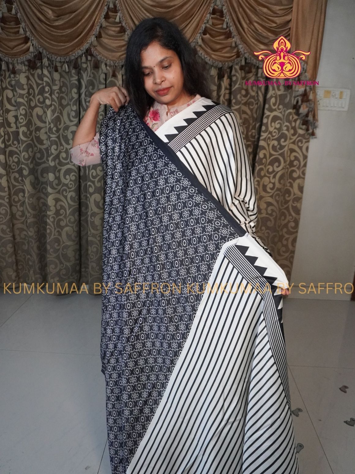 MODAL SILK - WHITE WITH BLACK- STRIPES DESIGN - TRENDY WEAR- LATEST COLLECTION - BUTTERY SOFT-KUMKUMAA BY SAFFRON - MODERN WEAR