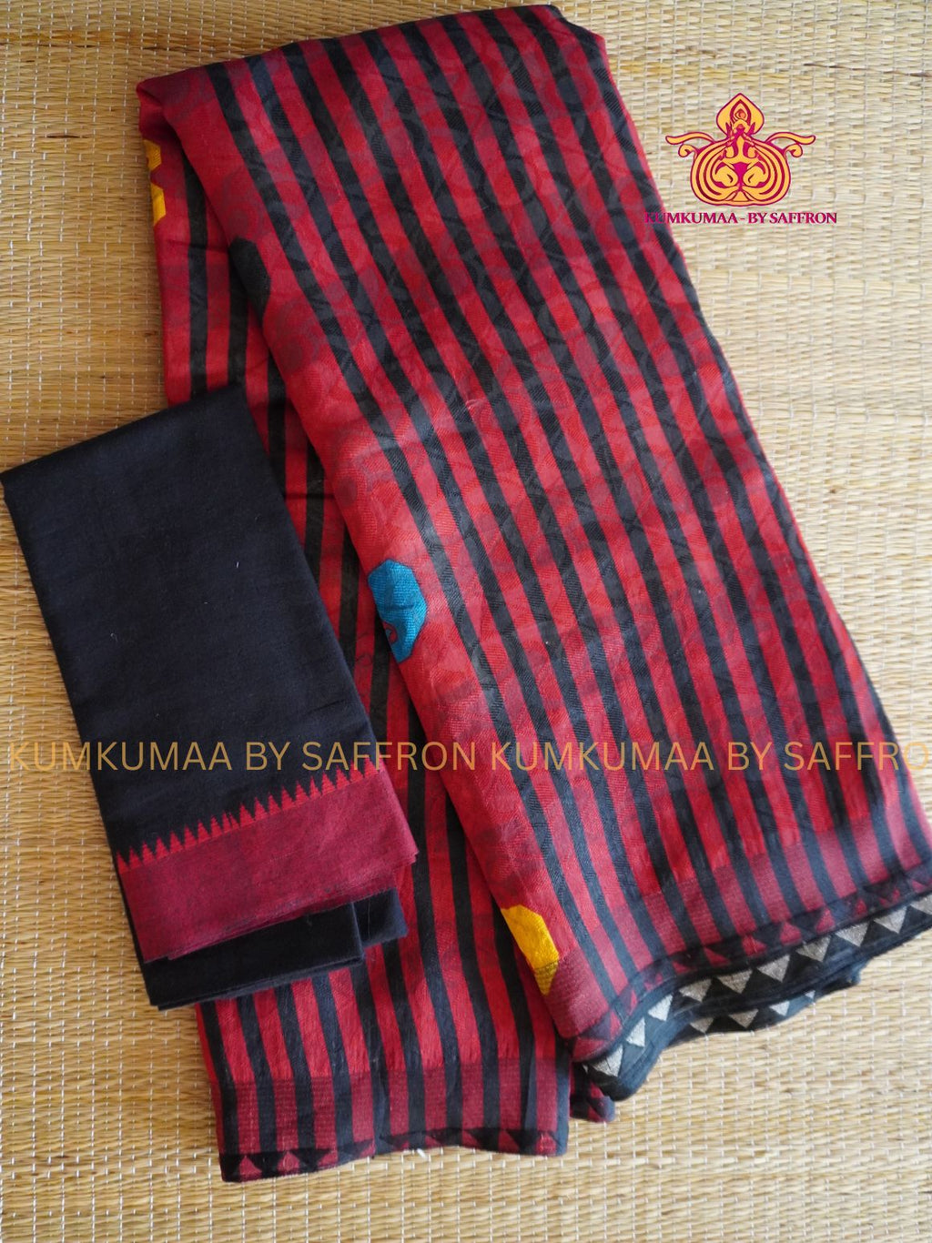 FANCY SAREE - RED WITH BEIGE AND BLACK- MANGO SELF DESIGN WITH FANCY BORDER- TRENDY WEAR SAREE- Beautiful saree for women - KUMKUMAA FANCY FOR ALL OCCASION
