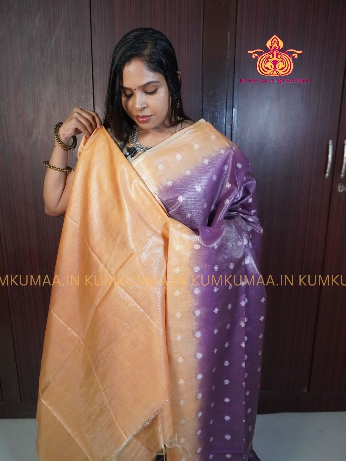 FANCY SAREE - ORANGE AND PURPLE - GOLD PRINTS ALL OVER- TRENDY WEAR SAREE- Beautiful saree for women - KUMKUMAA FANCY FOR ALL OCCASION