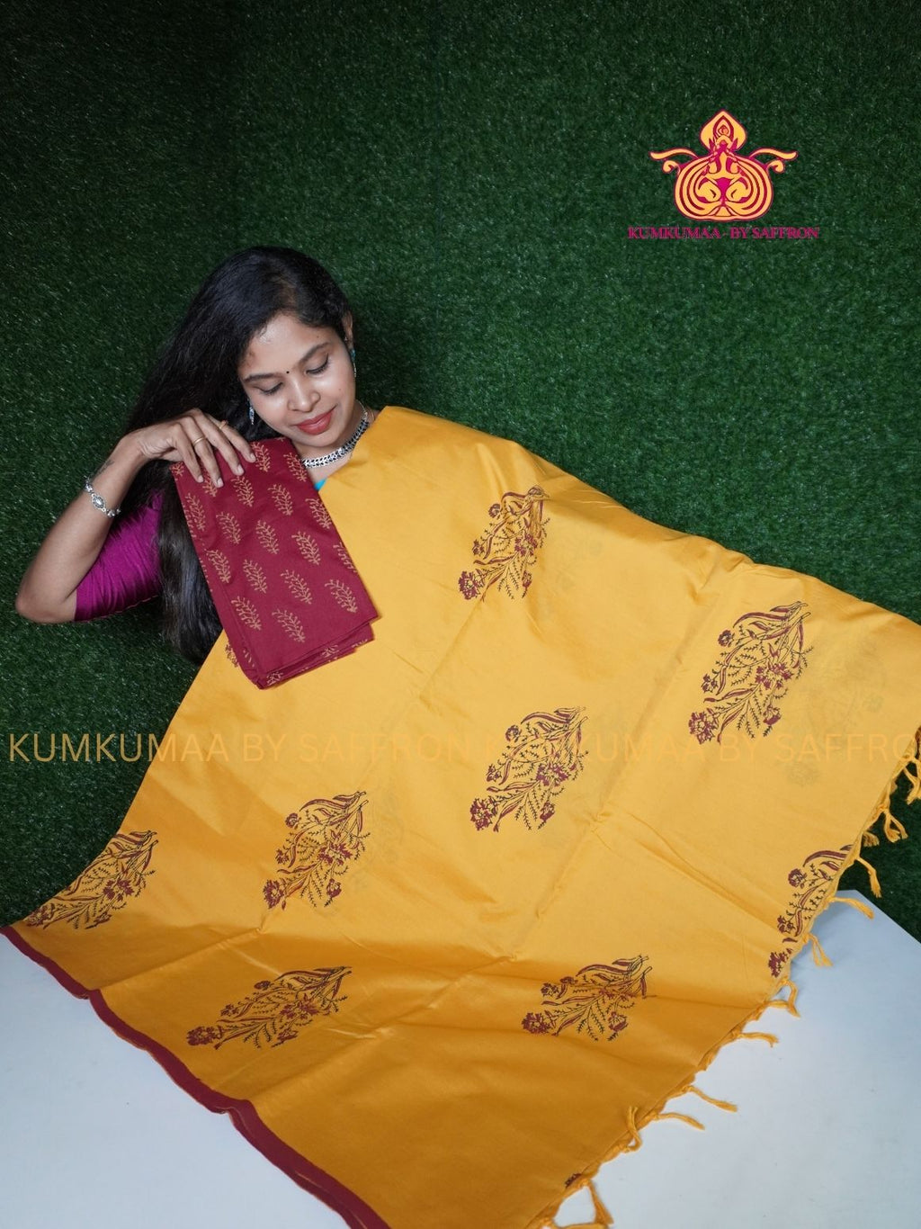 SOUTH COTTON-CHROME YELLOW-RED MAROON HAND BLOCK PRINTED SAREE WITH RUNNING BLOUSE PLUS ADDITIONAL BLOUSE PIECE-KUMKUMAA COMFORT WEAR SAREE