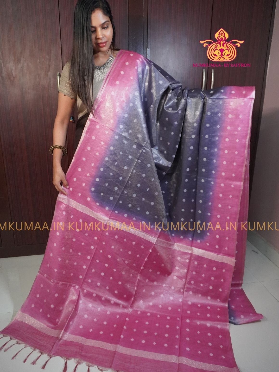 FANCY SAREE - PINK AND PURPLE - GOLD PRINTS ALL OVER- TRENDY WEAR SAREE- Beautiful saree for women - KUMKUMAA FANCY FOR ALL OCCASION
