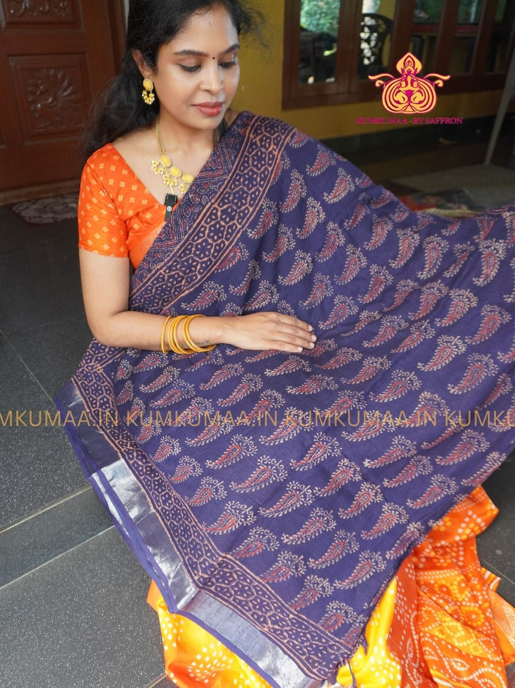 LINEN COTTON- BLUE WITH FLORAL DESIGN PRINTED SAREE- Soft and comfortable everyday wear saree - WITH BLOUSE - Kumkumaa exclusive - Comfort wear Collection- Trendy and comfortable