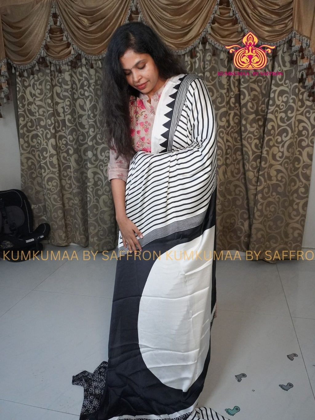 MODAL SILK - WHITE WITH BLACK- STRIPES DESIGN - TRENDY WEAR- LATEST COLLECTION - BUTTERY SOFT-KUMKUMAA BY SAFFRON - MODERN WEAR