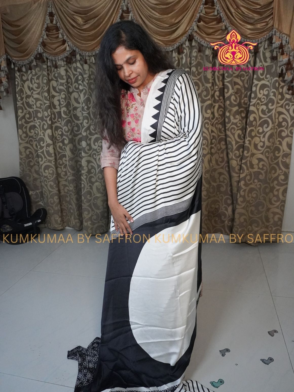 MODAL SILK - WHITE WITH BLACK- STRIPES DESIGN - TRENDY WEAR- LATEST COLLECTION - BUTTERY SOFT-KUMKUMAA BY SAFFRON - MODERN WEAR
