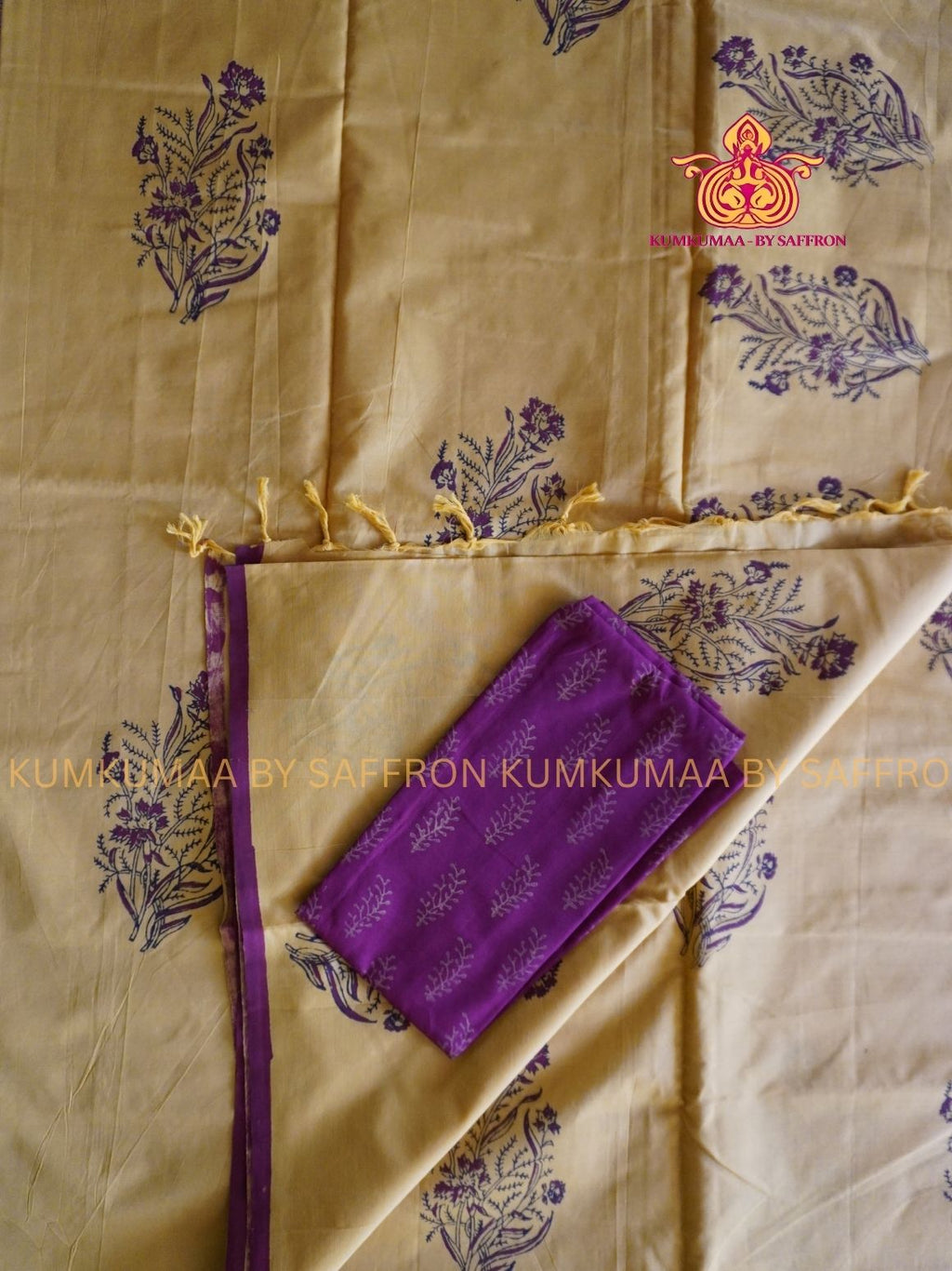 SOUTH COTTON-CHROME YELLOW-RED MAROON HAND BLOCK PRINTED SAREE WITH RUNNING BLOUSE PLUS ADDITIONAL BLOUSE PIECE-KUMKUMAA COMFORT WEAR SAREE