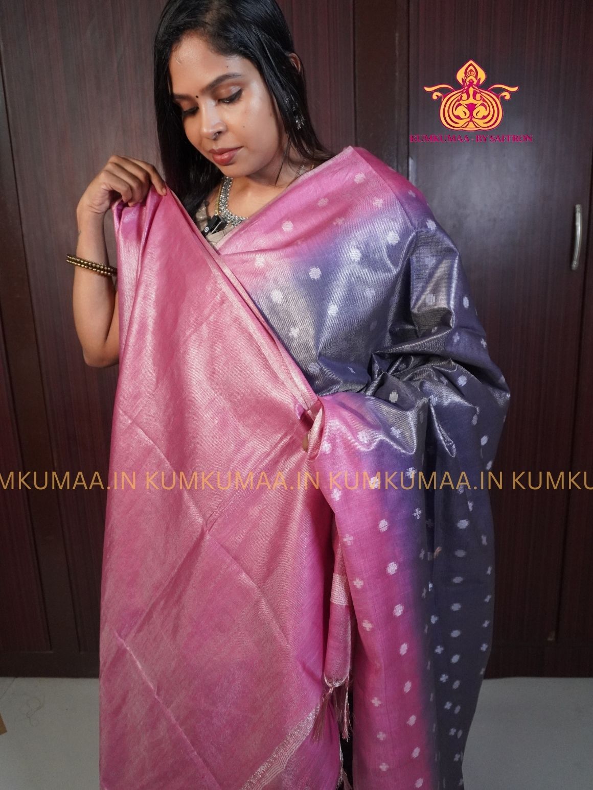 FANCY SAREE - PINK AND PURPLE - GOLD PRINTS ALL OVER- TRENDY WEAR SAREE- Beautiful saree for women - KUMKUMAA FANCY FOR ALL OCCASION