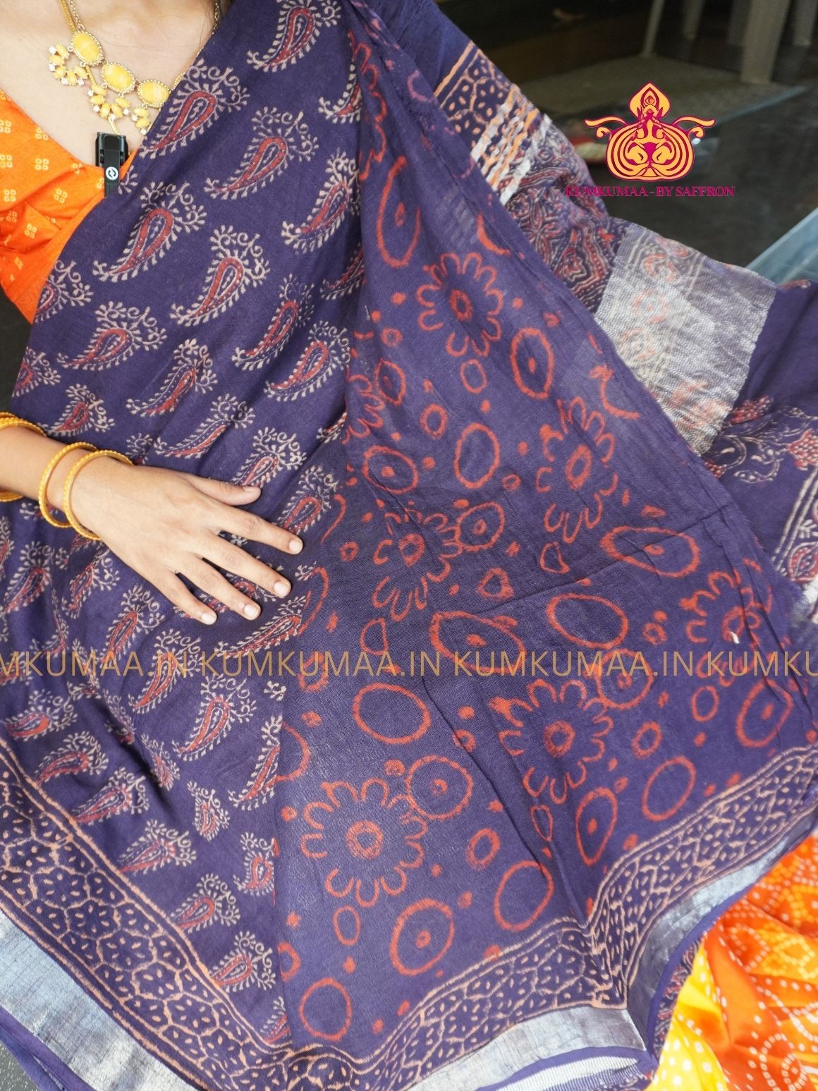 LINEN COTTON- BLUE WITH FLORAL DESIGN PRINTED SAREE- Soft and comfortable everyday wear saree - WITH BLOUSE - Kumkumaa exclusive - Comfort wear Collection- Trendy and comfortable
