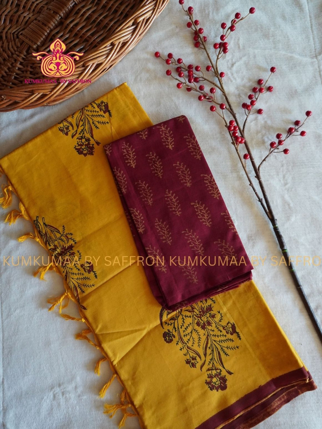 SOUTH COTTON-CHROME YELLOW-RED MAROON HAND BLOCK PRINTED SAREE WITH RUNNING BLOUSE PLUS ADDITIONAL BLOUSE PIECE-KUMKUMAA COMFORT WEAR SAREE