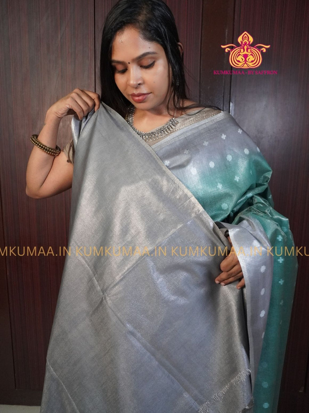 FANCY SAREE - SILVER AND TURQUOISE - GOLD PRINTS ALL OVER- TRENDY WEAR SAREE- Beautiful saree for women - KUMKUMAA FANCY FOR ALL OCCASION
