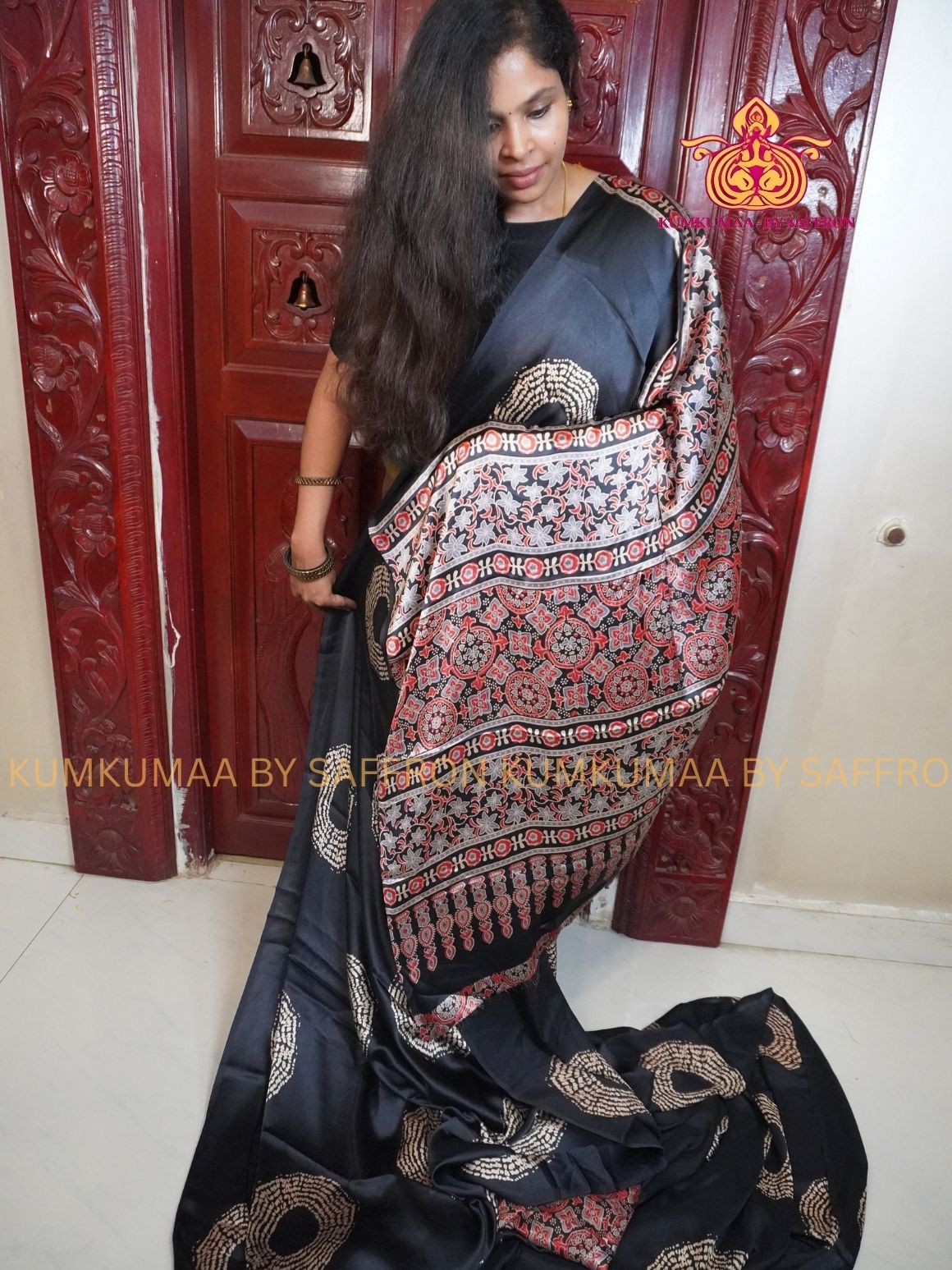 MODAL SILK -BLACK WITH RED- AJRAKH DESIGN PALLU AND BLOUSE- TRENDY WEAR- LATEST COLLECTION - BUTTERY SOFT-KUMKUMAA BY SAFFRON - MODERN WEAR