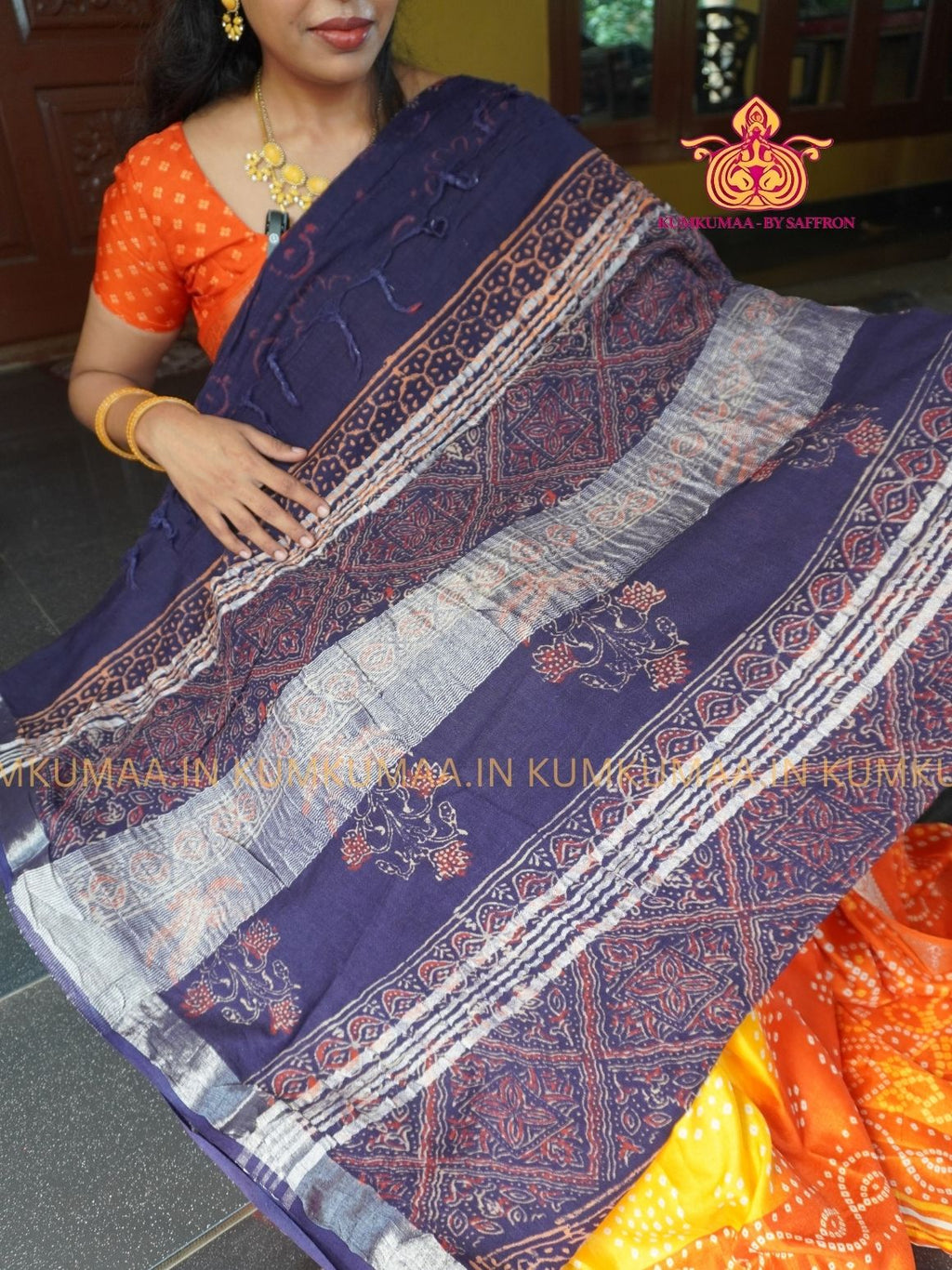 LINEN COTTON- BLUE WITH FLORAL DESIGN PRINTED SAREE- Soft and comfortable everyday wear saree - WITH BLOUSE - Kumkumaa exclusive - Comfort wear Collection- Trendy and comfortable
