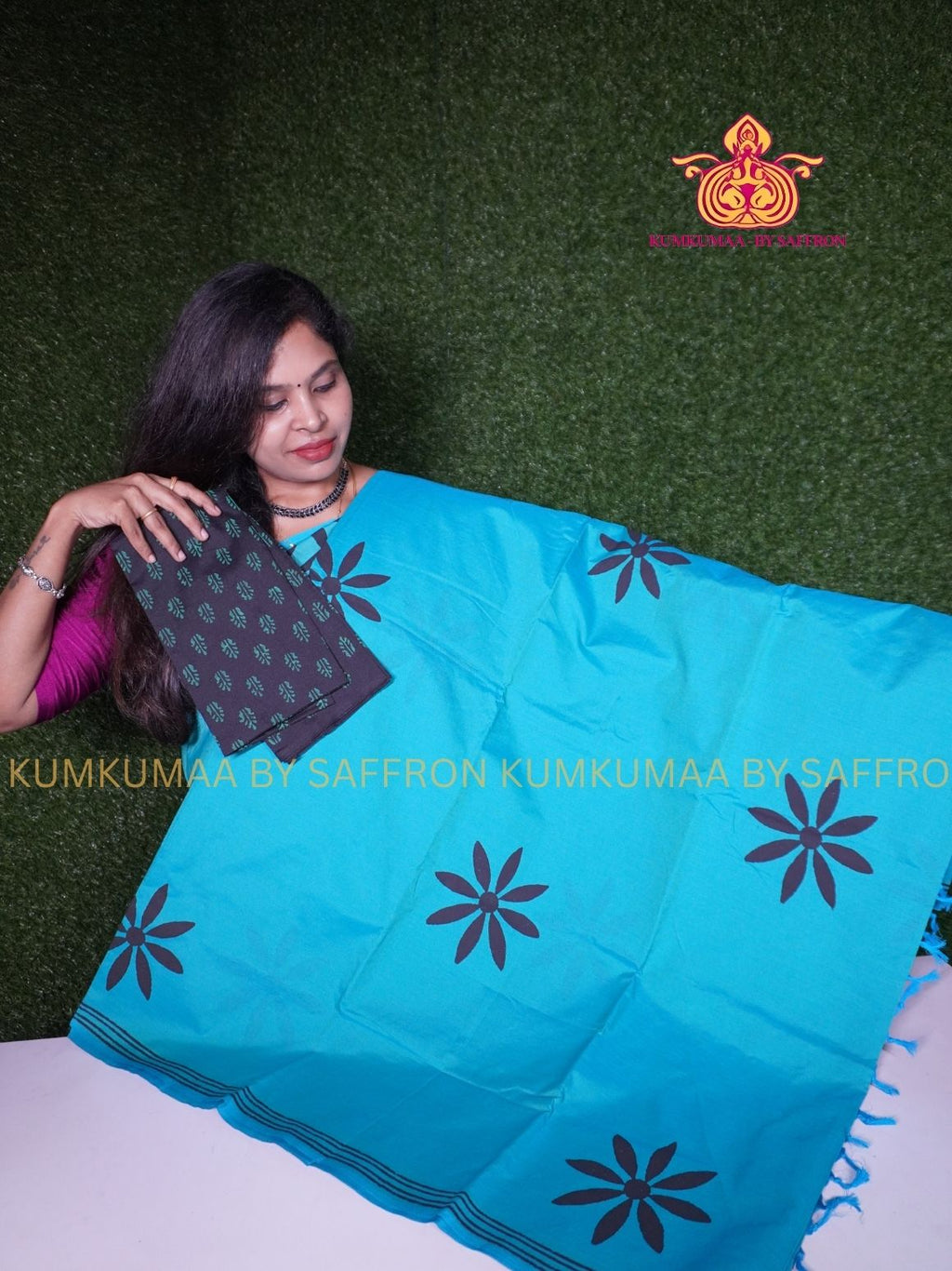 SOUTH COTTON-COPPER SULPHATE BLUE - BLACK HAND BLOCK PRINTED SAREE WITH RUNNING BLOUSE PLUS ADDITIONAL BLOUSE PIECE-KUMKUMAA COMFORT WEAR SAREE