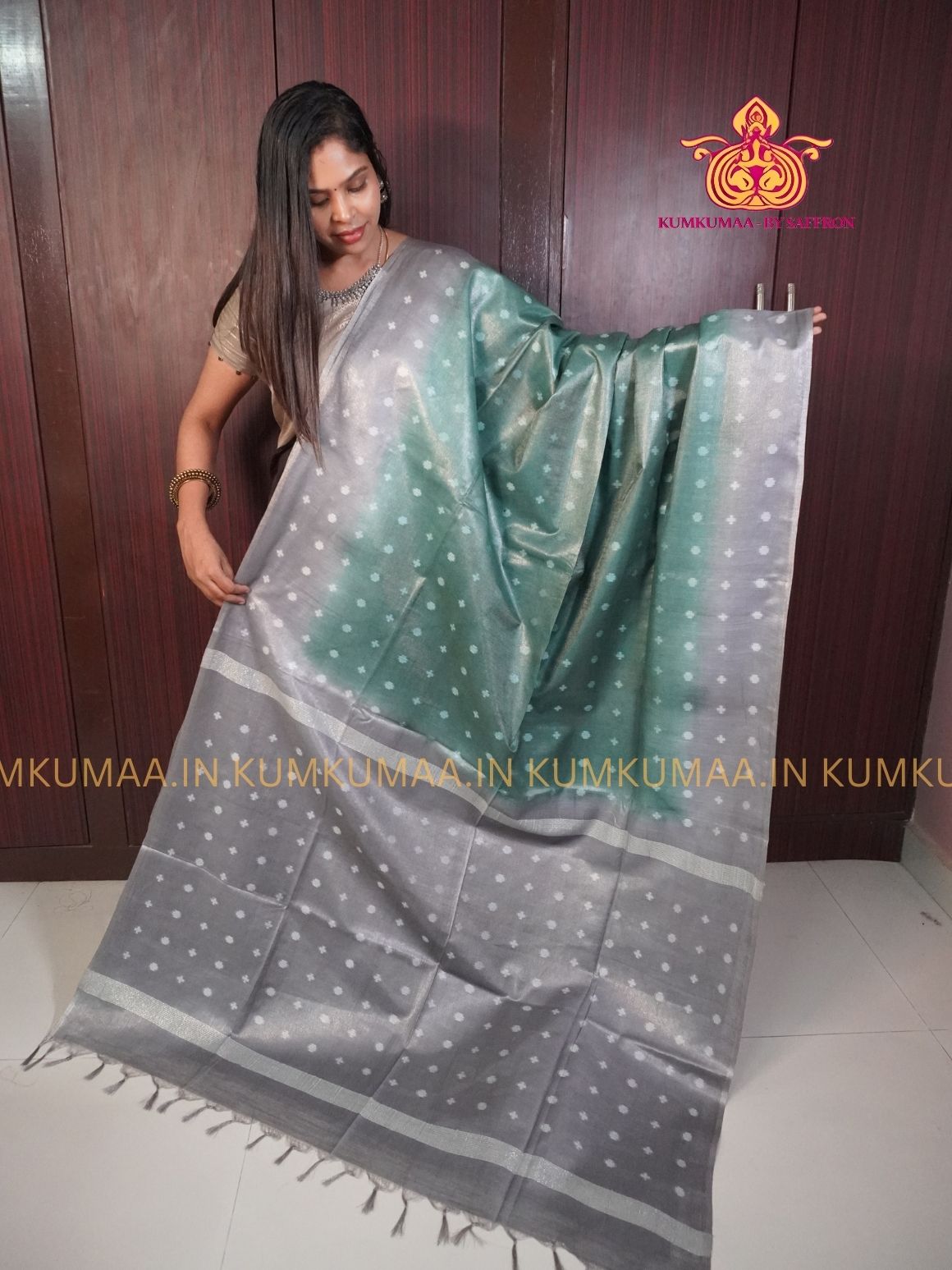 FANCY SAREE - SILVER AND TURQUOISE - GOLD PRINTS ALL OVER- TRENDY WEAR SAREE- Beautiful saree for women - KUMKUMAA FANCY FOR ALL OCCASION