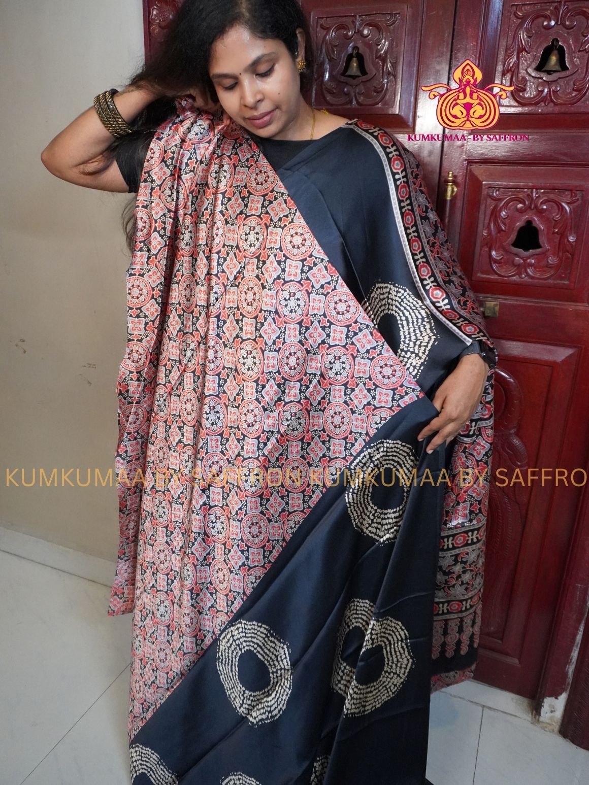 MODAL SILK -BLACK WITH RED- AJRAKH DESIGN PALLU AND BLOUSE- TRENDY WEAR- LATEST COLLECTION - BUTTERY SOFT-KUMKUMAA BY SAFFRON - MODERN WEAR