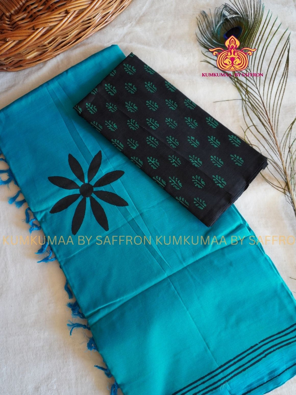 SOUTH COTTON-COPPER SULPHATE BLUE - BLACK HAND BLOCK PRINTED SAREE WITH RUNNING BLOUSE PLUS ADDITIONAL BLOUSE PIECE-KUMKUMAA COMFORT WEAR SAREE