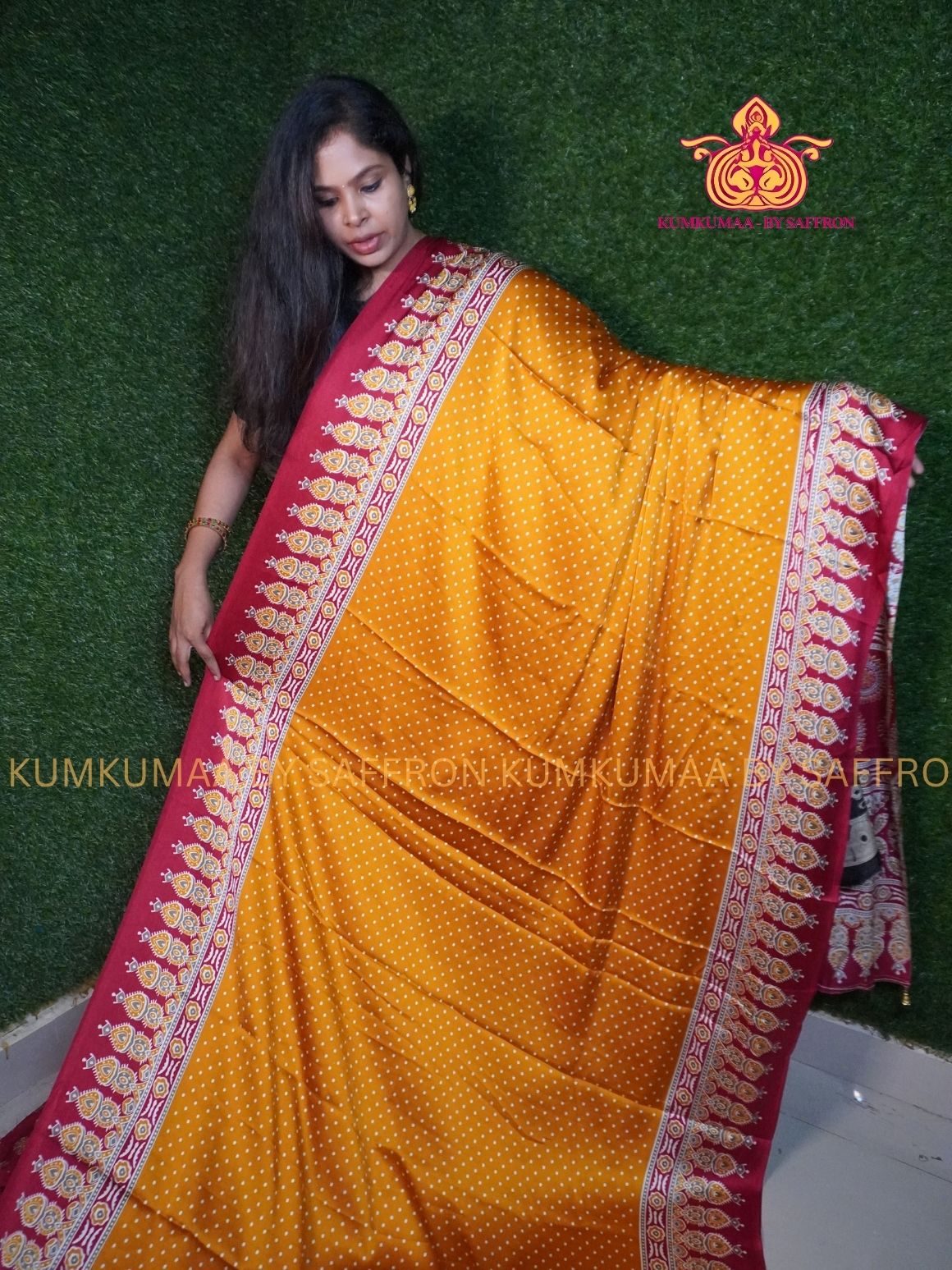 MODAL SILK - YELLOW WITH RED- DOTS DESIGN - TRENDY WEAR- LATEST COLLECTION - BUTTERY SOFT-KUMKUMAA BY SAFFRON - MODERN WEAR