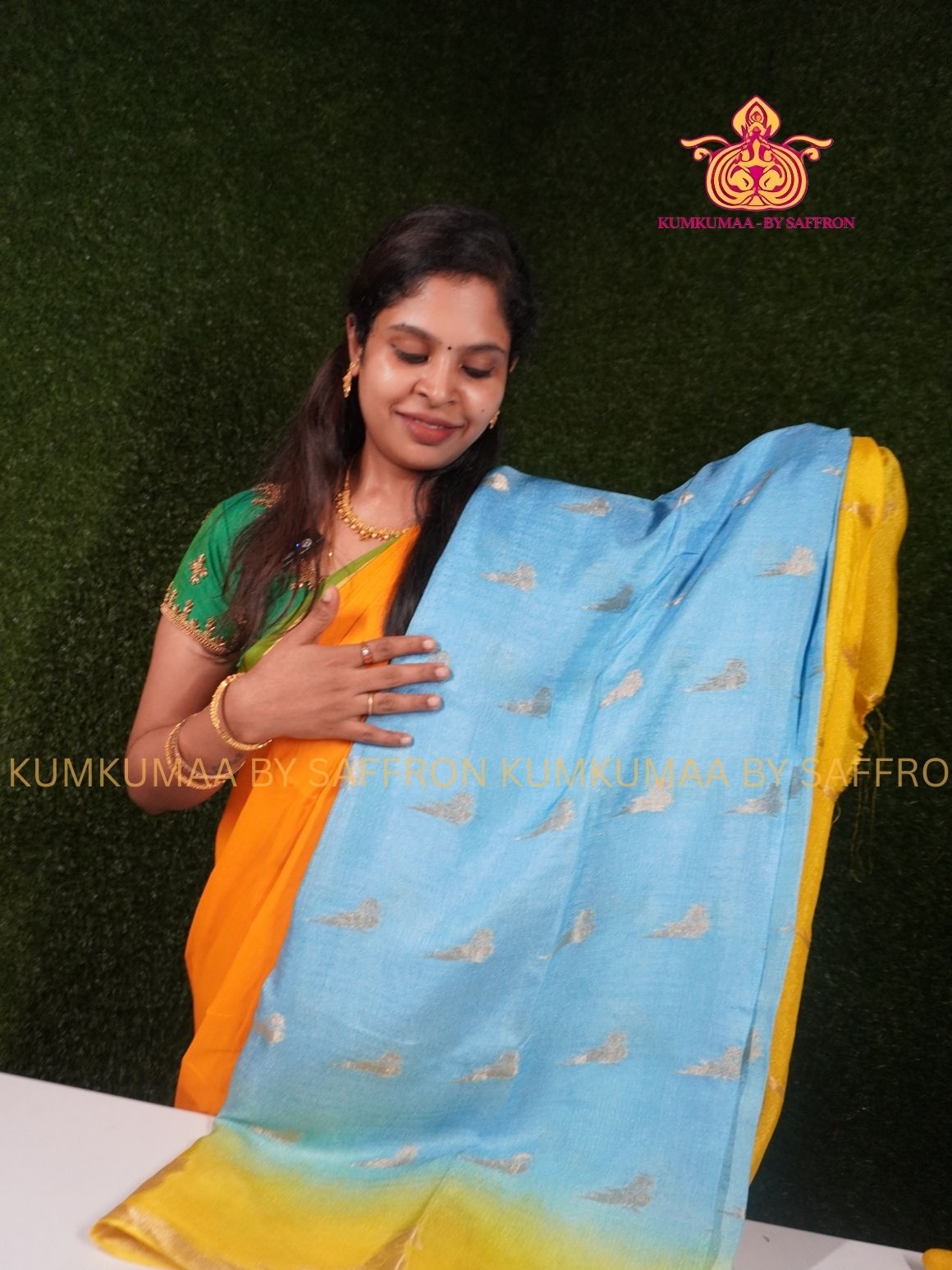 VISCOSE SAREE - BLUE AND YELLOW SAREE WITH PARROT WEAVING - PARTY WEAR - EXCLUSIVE KUMKUMAA COLLECTION-FLOWY MATERIAL- CHIC AND GORGEOUS