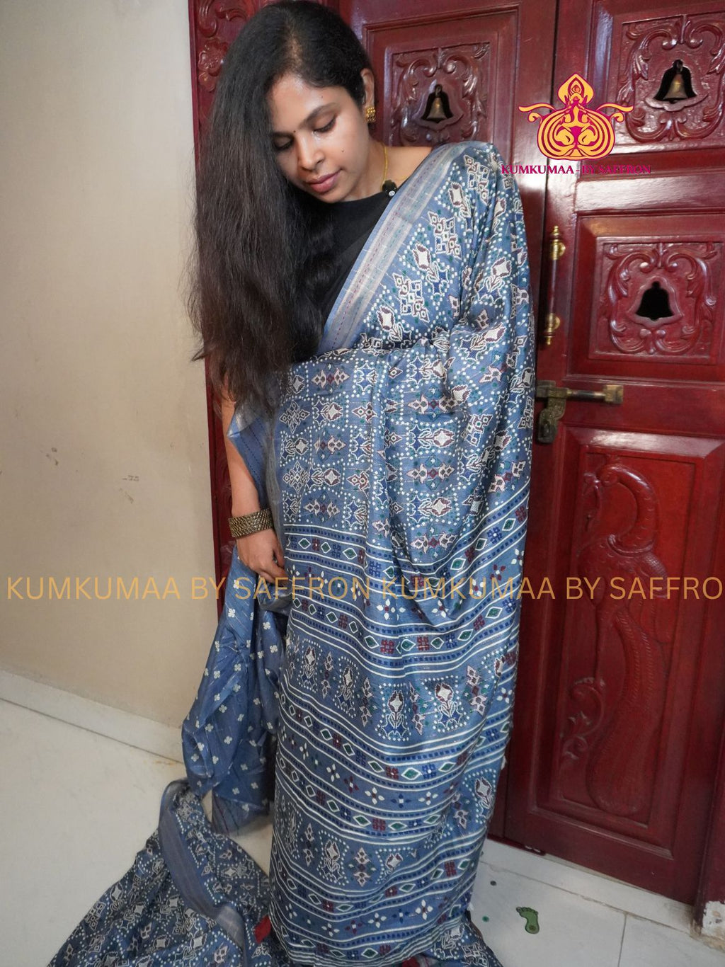 COTTON SILK- GRAY SAREE WITH BLOUSE - KANTHA STITCH BORDER - Kumkumaa FESTIVE - SELF BLOUSE WITH KANTHA STITCH BORDER - OCCASION ELEGANCE - STYLISH AND BEAUTIFUL