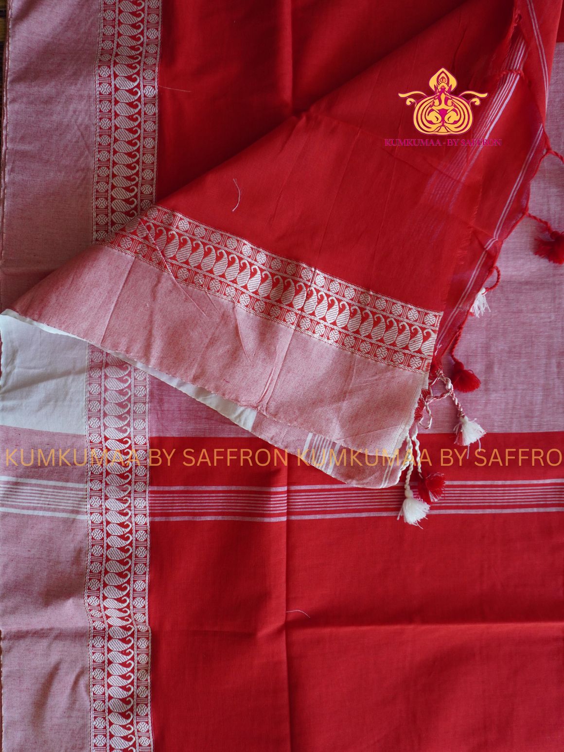 KATHI COTTON- RED SAREE WITH WHITE - WITH BLOUSE PLAIN KADHI COTTON - Kumkumaa Exclusive SOFT COMFORTABLE AND TRENDY - FANCY COMFORT