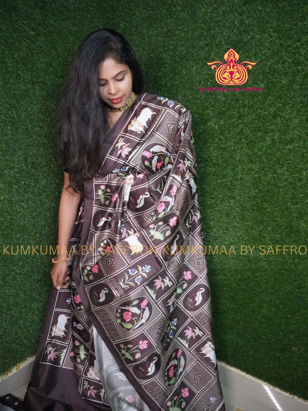 TUSSAR SILK - DARK BROWN - PICHWAI PRINTED SAREE - WITHOUT BORDER - LATEST COLLECTION - KUMKUMAA BY SAFFRON - UNIQUE DESIGN