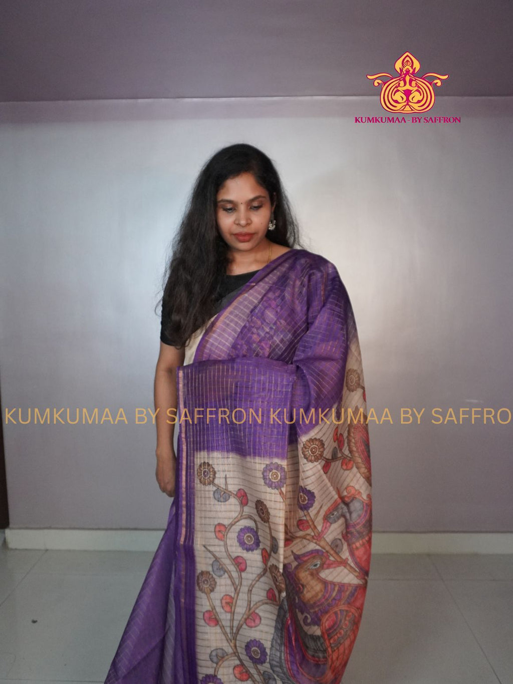 COTTON SILK- PURPLE AND BEIGE SAREE WITH BLOUSE -FLORAL KALAMKARI DESIGN - Kumkumaa FESTIVE - OCCASION ELEGANCE - STYLISH AND BEAUTIFUL