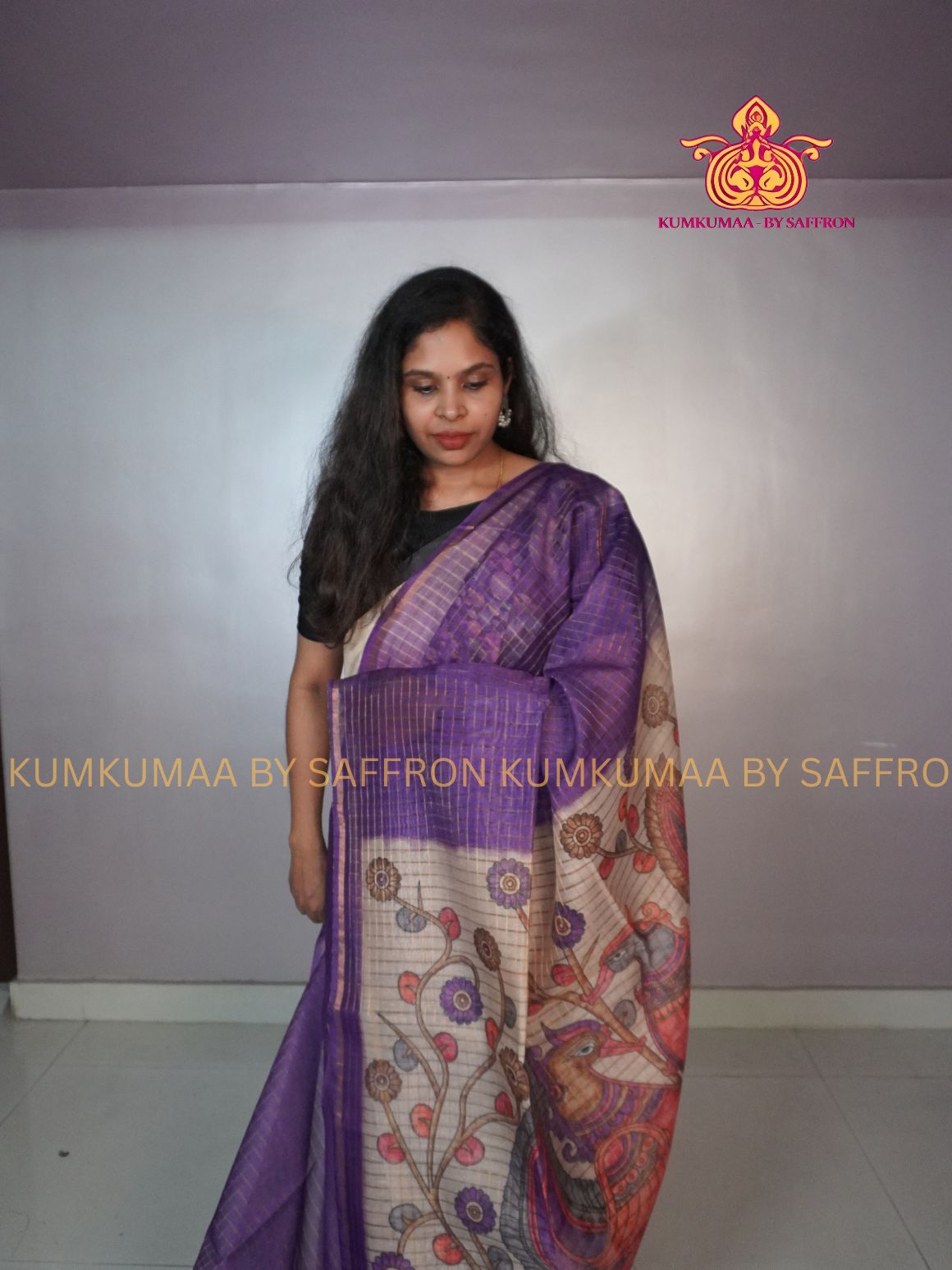 COTTON SILK- PURPLE AND BEIGE SAREE WITH BLOUSE -FLORAL KALAMKARI DESIGN - Kumkumaa FESTIVE - OCCASION ELEGANCE - STYLISH AND BEAUTIFUL