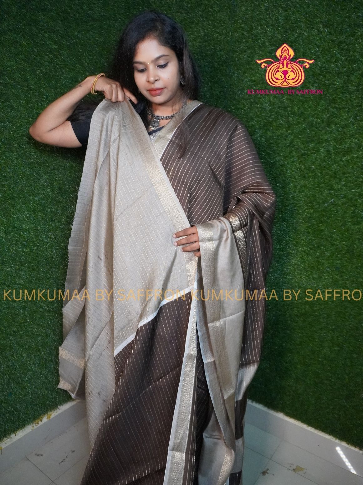 Dola Silk - COMFORTABLE FESTIVE Beautiful saree for women-BROWN- BEIGE COLOUR - STRIPPED DESIGN - ZARI BORDER - KUMKUMAA TRENDY TRADITIONAL WEAR - Comfort - Confidence - Elegance