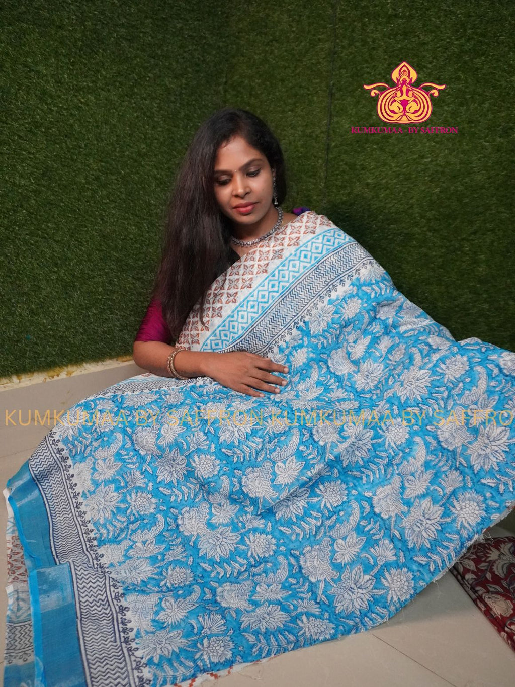 LINEN COTTON- LIGHT BLUE WITH WHITE COLOUR SAREE- KALAMKARI DESIGN - Soft and comfortable everyday wear saree - WITH BLOUSE - Kumkumaa exclusive - Comfort wear Collection- Trendy and comfortable