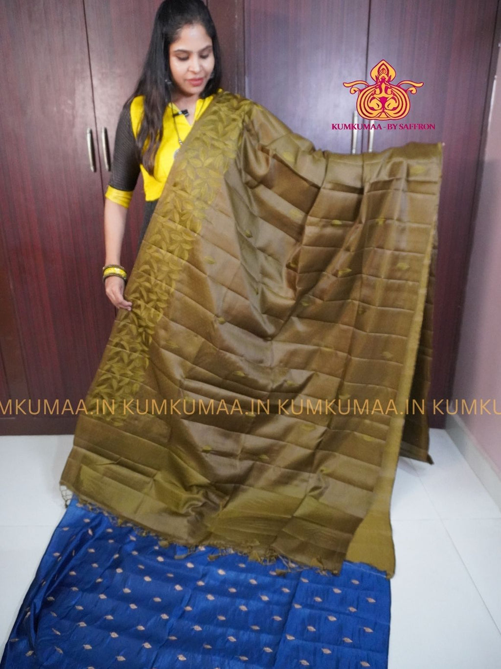 BUTTERSILK TUSSAR - HONEY HAZEL COLOUR - LEAF DESIGN SELF EMBROIDERED SAREE - EMBOSED SELF DESIGN - LATEST COLLECTION - KUMKUMAA BY SAFFRON - UNIQUE DESIGN