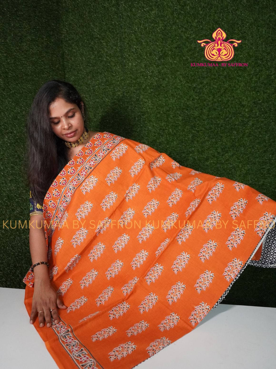 MUL COTTON-ORANGE SAREE WITH BLOUSE - SOFTEST EVERYDAY WEAR - BEST COTTON SAREE- COMFORT AND TRENDY - STYLE WITH COMFORT - Kumkumaa EVERYDAY SAREE
