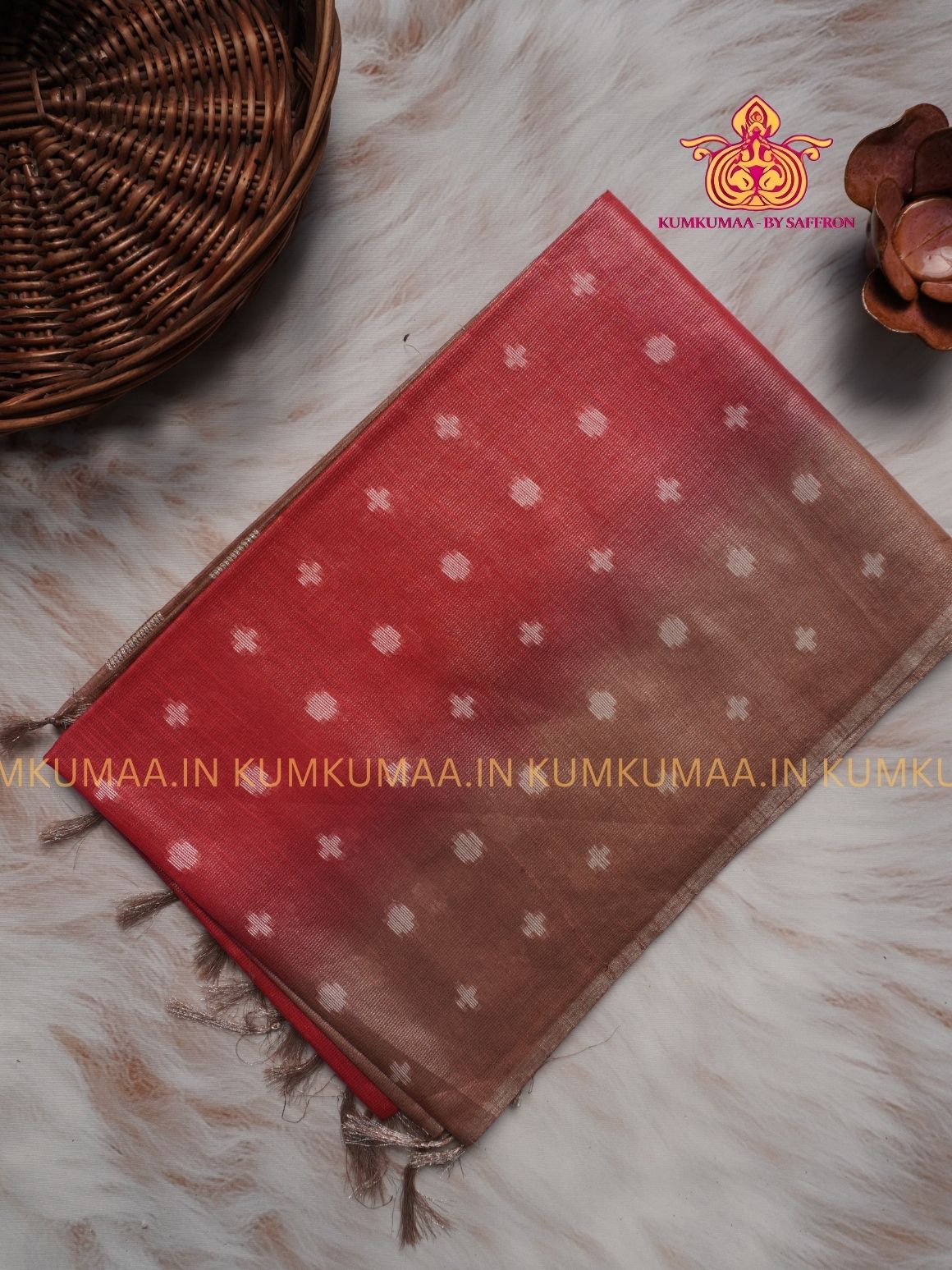 FANCY SAREE - RED AND BEIGE - GOLD PRINTS ALL OVER- TRENDY WEAR SAREE- Beautiful saree for women - KUMKUMAA FANCY FOR ALL OCCASION