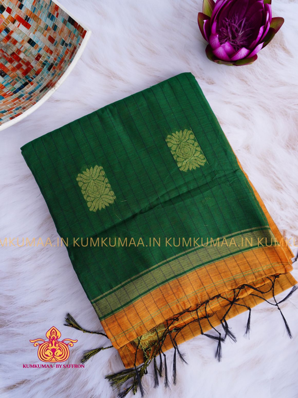 PURE COTTON- YELLOW AND GREEN COLOUR STRIPED PRINT SAREE WITH BLOUSE - TRENDY - FLORAL DESIGN - Kumkumaa Exclusive COLLECTION - LATEST ELEGANT SAREE