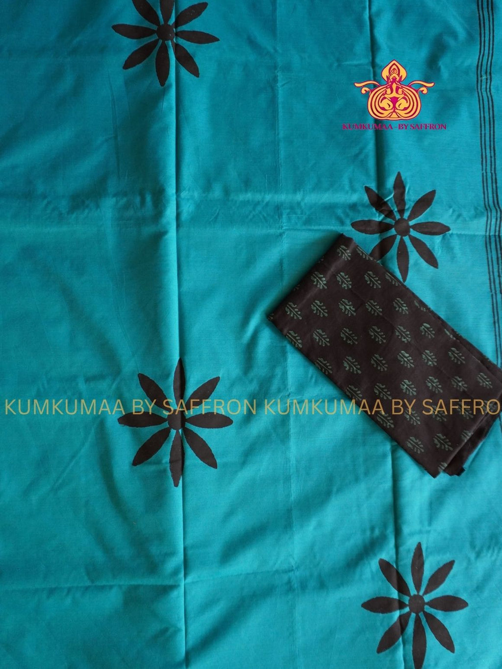 SOUTH COTTON-COPPER SULPHATE BLUE - BLACK HAND BLOCK PRINTED SAREE WITH RUNNING BLOUSE PLUS ADDITIONAL BLOUSE PIECE-KUMKUMAA COMFORT WEAR SAREE