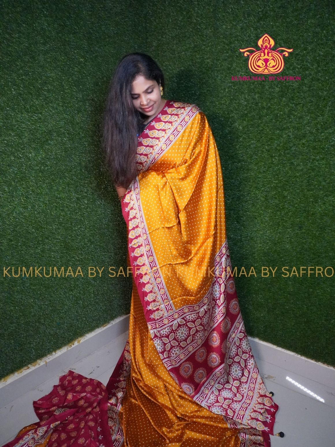 MODAL SILK - YELLOW WITH RED- DOTS DESIGN - TRENDY WEAR- LATEST COLLECTION - BUTTERY SOFT-KUMKUMAA BY SAFFRON - MODERN WEAR