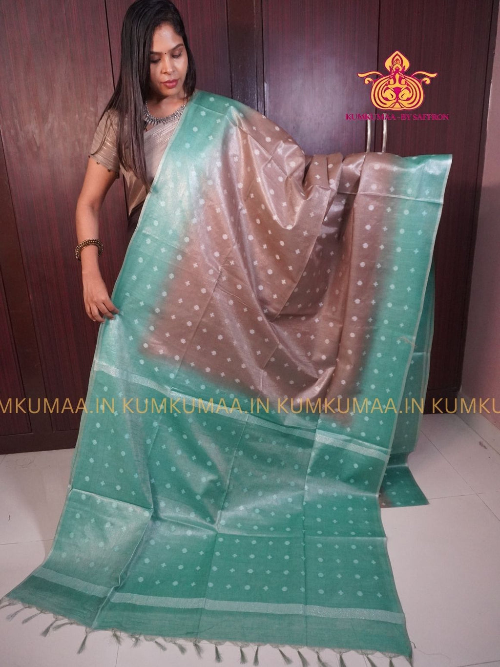 FANCY SAREE - GOLD AND TURQUOISE - GOLD PRINTS ALL OVER- TRENDY WEAR SAREE- Beautiful saree for women - KUMKUMAA FANCY FOR ALL OCCASION