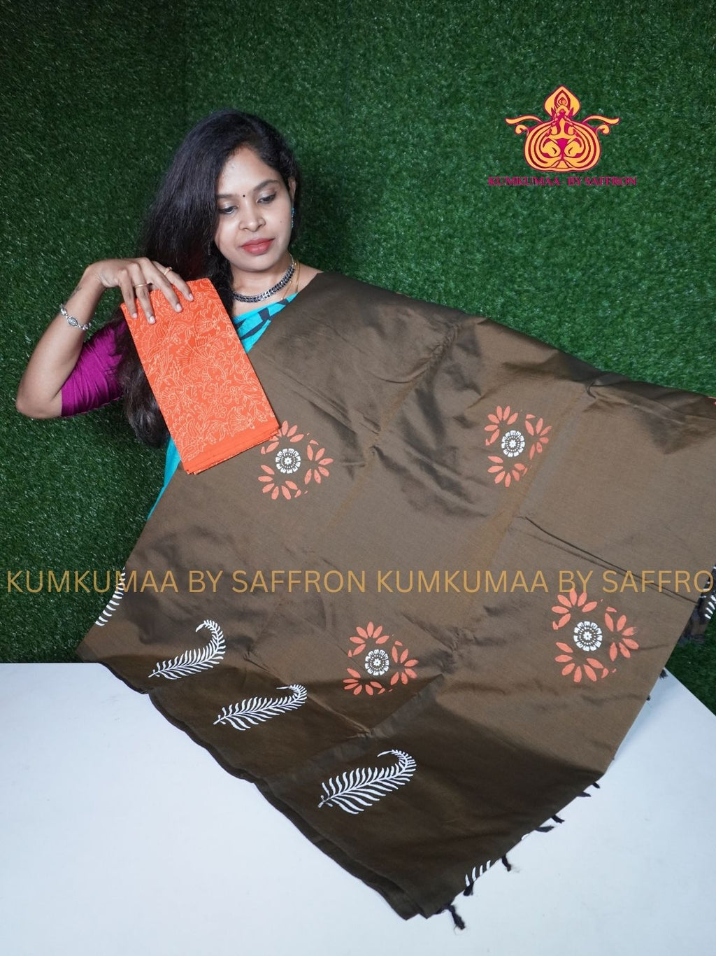 SOUTH COTTON-CHOCOLATE BROWN - ORANGE WITH WHITE HAND BLOCK PRINTED SAREE WITH RUNNING BLOUSE PLUS ADDITIONAL BLOUSE PIECE-KUMKUMAA COMFORT WEAR SAREE